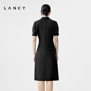 朗姿/LANCY2024夏季短袖收腰纯羊毛西装连衣裙女职业通勤裙子 黑色 3XL