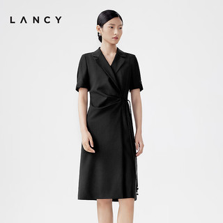 朗姿/LANCY2024夏季短袖收腰纯羊毛西装连衣裙女职业通勤裙子 黑色 3XL