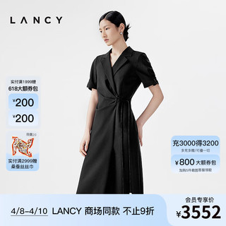 朗姿/LANCY2024夏季短袖收腰纯羊毛西装连衣裙女职业通勤裙子 黑色 3XL