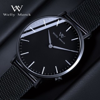 welly merck威利默克瑞士品牌手表男士手表超薄防水简约石英腕表 品牌男表-黑色男表钢带