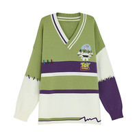 森女部落巴斯光年联名原创森女部落V领撞色萌趣宽松慵懒风毛衣 绿色 S