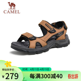CAMEL 骆驼 牛皮透气厚底增高男士休闲凉鞋子 G14M307634 驼色 40