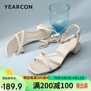 YEARCON 意尔康 凉鞋女交叉一字带女鞋闪亮钻带粗跟高跟鞋 26436W 米白 38