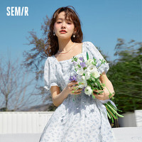 Semir 森马 连衣裙女文艺复古方领2023夏季清新温柔肌理碎花长裙109323114003