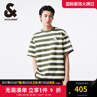 杰克·琼斯（JACK&JONES）夏简约条纹撞色休闲宽松舒适百搭潮流纯棉短袖T恤男装224201071 E05 橄榄绿 常规 165/88A/XS