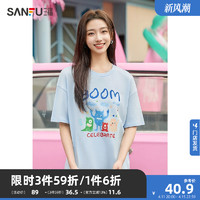 SANFU 三福 短袖印花圆领t恤女2024新款夏季小个子时尚纯棉宽松上衣女装