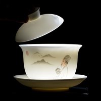 金镶玉 徐亮亮老师手绘 三才盖碗茶具家用泡茶碗陶瓷高档功夫200ml 隆中对羊脂玉瓷手绘盖碗