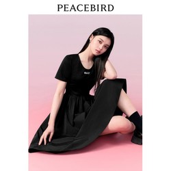 PEACEBIRD WOMEN 太平鸟女装 夏季针织拼接连衣裙刺绣高腰小黑裙显瘦T恤裙