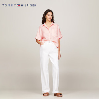 TOMMY HILFIGER24春季女装亚麻透气小绣标贴袋宽松落肩短袖衬衫41392 粉色TJQ 32 （XS）