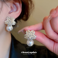 Trendolla 银针镶钻花朵珍珠耳环个性感时尚耳钉新款小众气质轻奢耳饰女