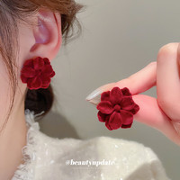 Trendolla 银针秋冬植绒花朵耳环法式复古时尚设计感耳钉小众气质耳饰 银针-花朵红色