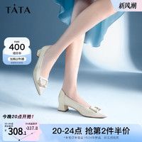 TATA 他她 牛皮尖头单鞋女粗跟气质浅口鞋高跟鞋2023春新款X8KA1AQ3