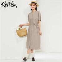 佐丹奴裙子女装弹力天丝梭织明线绑带V领连衣裙 13464230 08月岩卡其 S