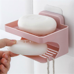 浴室免打孔双层吸盘肥皂盒创意壁挂无痕粘胶肥皂架沥水香皂盒 粉色
