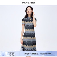 NAERSI 娜尔思 分层撞色蕾丝改良旗袍连衣裙夏季新款收腰短袖裙子