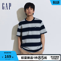 Gap 盖璞 男女装2024夏季水洗棉刺绣logo撞色条纹短袖T恤上衣889282 蓝白条纹 180/100A(XL) 亚洲尺码