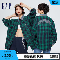 Gap 盖璞 男女装春季2024LOGO格纹翻领长袖衬衫877589宽松休闲上衣 绿色格子 175/96A(L)亚洲尺码