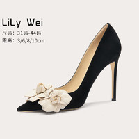 Lily Wei【乌木鸢尾】法式优雅花朵高跟鞋复古细跟单鞋小码 黑色【跟高8cm】 38