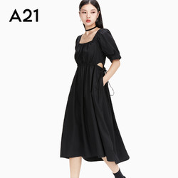 A21 女装气质连衣裙女夏季新款法式方领收腰短袖黑色中长裙