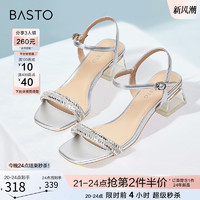 BASTO 百思图 夏季商场新款水钻透明水晶中高跟一字带女时装凉鞋TNE23BL3