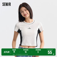 Semir 森马 短袖T恤女短款修身拼色正肩2024新款夏季明线刺绣套头衫显瘦