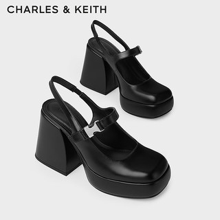 CHARLES&KEITH24夏方头粗高跟一字带玛丽珍凉鞋CK1-60361514 Black黑色 39