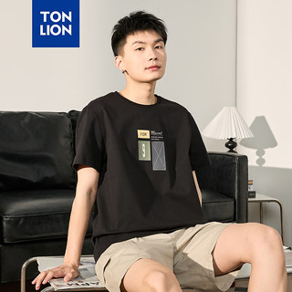 唐狮男短袖T恤2024夏季前胸拼块潮 黑色 XL