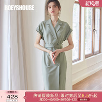 Roey s house 罗衣知性蝙蝠袖西装连衣裙女2022夏装新款豆绿色系带修身裙06473