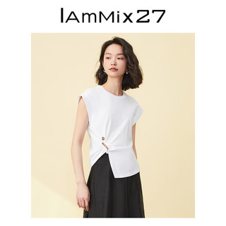 Iammix27夏季T恤女个性不对称开衩时尚百搭白色盖肩无袖套头T恤女 白色 S