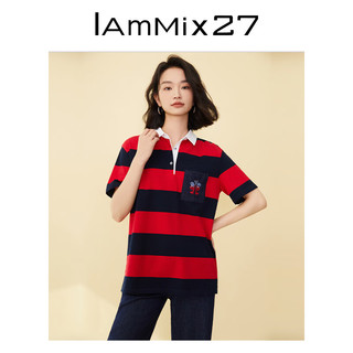 Iammix27短袖套头T恤女复古个性撞色条纹POLO领时尚刺绣套头T恤女 罂粟红 S