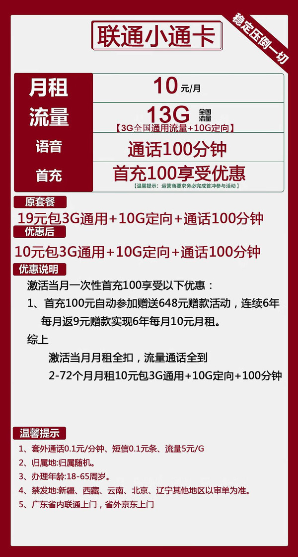 China unicom 中国联通 小通卡 6年10元月租 （13G全国流量+100分钟通话）返10元