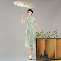 秀觀唐丛心2024夏装改良新中式国风女装日常高档蕾丝旗袍连衣裙 浅绿色 M