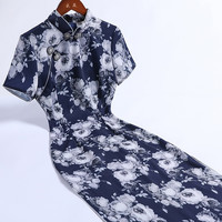 戚薇民国风旗袍复古2024年春夏改良年轻款古风黑古韵花色中年 蓝色 M