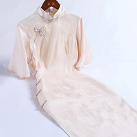 戚薇改良旗袍女夏2024年夏年轻款少女粉色温柔甜美气质连衣裙 粉色 S