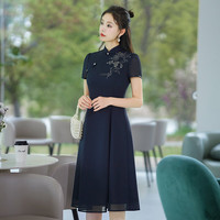 秀觀唐芊为2024春夏复古绣花女改良日常新中式国风短袖旗袍连衣裙 藏蓝色短袖 XL