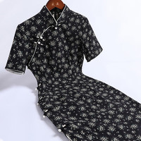 戚薇改良夏季旗袍女2024年年轻款黑色碎花日常复古国风连衣裙 黑色 M