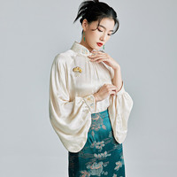 陌遇春季中国风改良汉服琵琶袖茶服新中式设计感气质刺绣衬衫唐装上衣 杏色 S