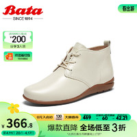 Bata 拔佳 系带踝靴女2024春商场羊皮厚底通勤优雅软底单鞋AWM63AM4 米白 37