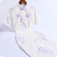戚薇新中式旗袍白色紫色国风气质古法年轻款改良女春夏季2024   紫色 S