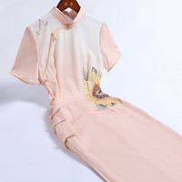 戚薇旗袍2024改良女夏季年轻款气质素雅复古民国优雅古典长裙 粉色 S