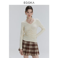 EGGKA高级感显瘦抽褶T恤女时尚洋气修身短款长袖复古辣妹V领上衣 杏色 M
