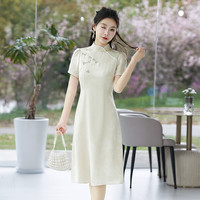 秀觀唐米丹2024夏季醋酸提花女日常改良国风新中式旗袍连衣裙 米色 L