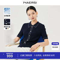 娜尔思（NAERSI）2024春夏上衣POLO领五分袖毛针织衫修身毛衫女 暗青紫色 M