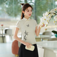 秀觀唐竹蝶2024夏季雪纺复古短款水墨蝴蝶绣花中国风新中式旗袍上衣 白色 S