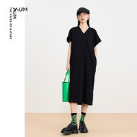 噢姆（AUM）24夏季抗菌针织空气层V领茧型宽松连衣裙 黑色 S