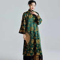 陌遇2024春季中国风提花缎刺绣大码改良旗袍新中式复古连衣裙 绿色 S