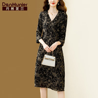 丹慕妮尔（Danmunier）丹慕妮尔黑色复古印花连衣裙女秋装七分袖宽松气质裙子 黑色 XL