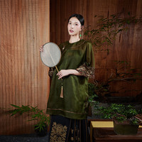 陌遇丨疏黛丨传统经典民国风真丝香云纱绣花中长款倒大袖唐装上衣 墨绿色(不含吊带) S