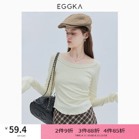 EGGKA木耳边喇叭袖圆领针织衫春季法式时尚休闲复古修身打底上衣 奶杏色 S