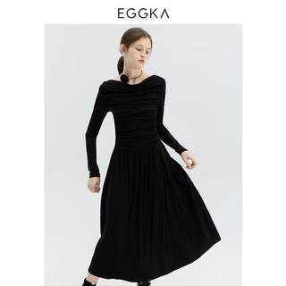 EGGKA 碎褶收腰连衣长裙女春夏法式设计感优雅气质温柔减龄a字裙 绿色 S